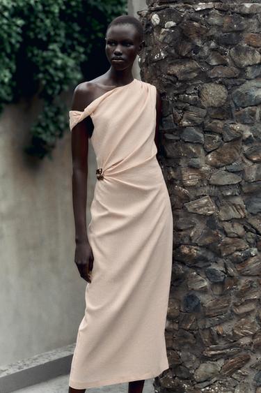 ASYMMETRIC MIDI DRESS WITH LINEN BLEND APPLIQUÉ - Peach by Zara - Image 1