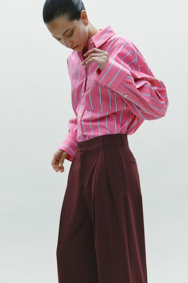 Zara OVERSIZED STRIPED SHIRT - Fuchsia