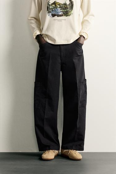 Zara RELAXED FIT CARGO PANTS - Black