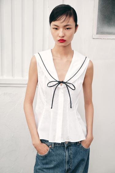 Zara 滾邊蝴蝶結府綢上衣 - 白色