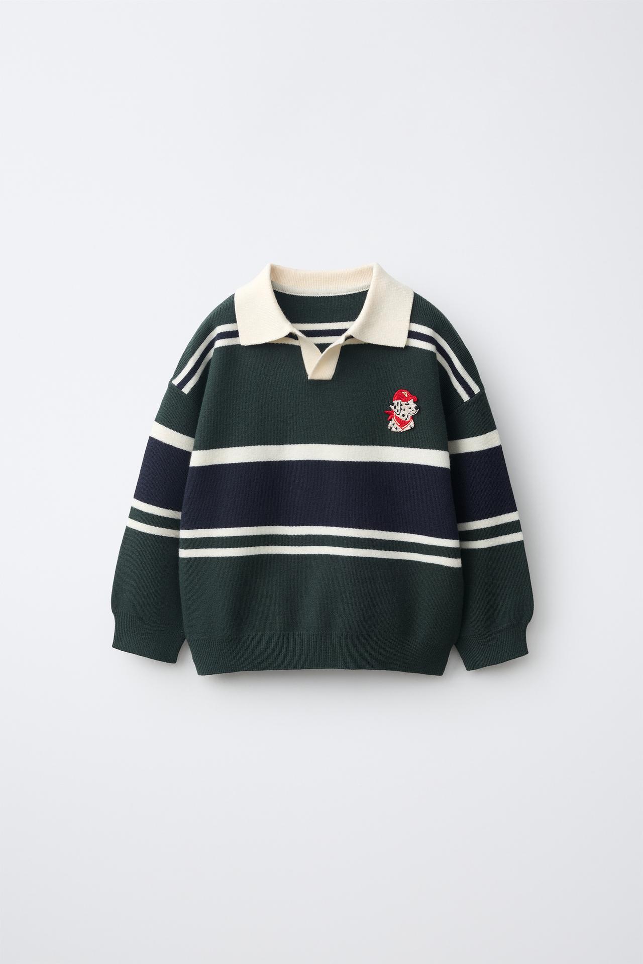 EMBROIDERED STRIPED KNIT POLO SWEATER — Gray green