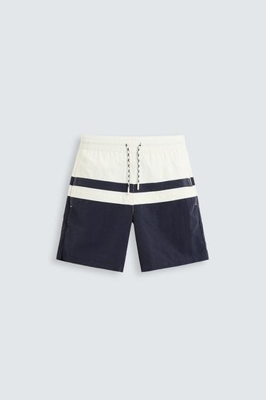 COLOUR BLOCK LONG SWIMMING TRUNKS - Navy blue by Zara - Image 0