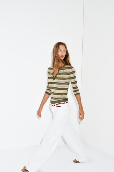 STRIPED KNIT JUMPER - ecru/khaki by Zara - Image 3