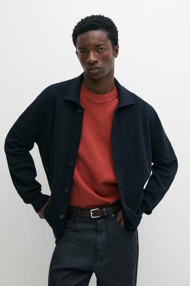 Zara 100% cotton polo collar knit cardigan - Navy blue