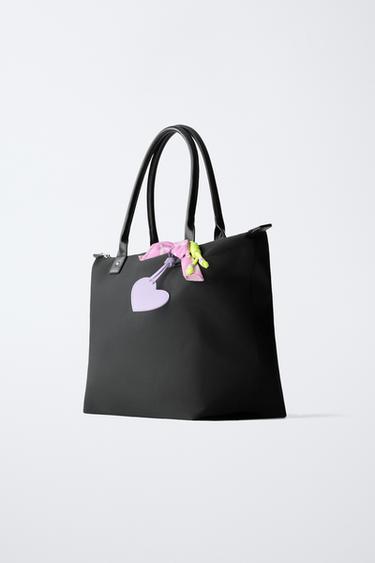 Zara NYLON SHOPPER BAG WITH HEART CHARM - Black - Image 0
