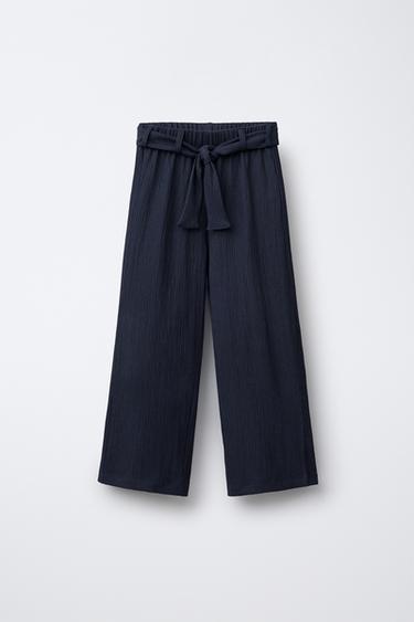 Zara TEXTURED WIDE LEG BELTED PANTS - Navy blue