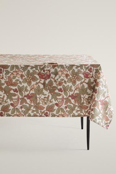 FLORAL AND BIRD PRINT COTTON TABLECLOTH | KATHARINE POLE - Burgundy by Zara