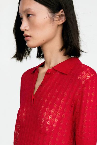 Polo en maille ajourée - Rouge de Zara