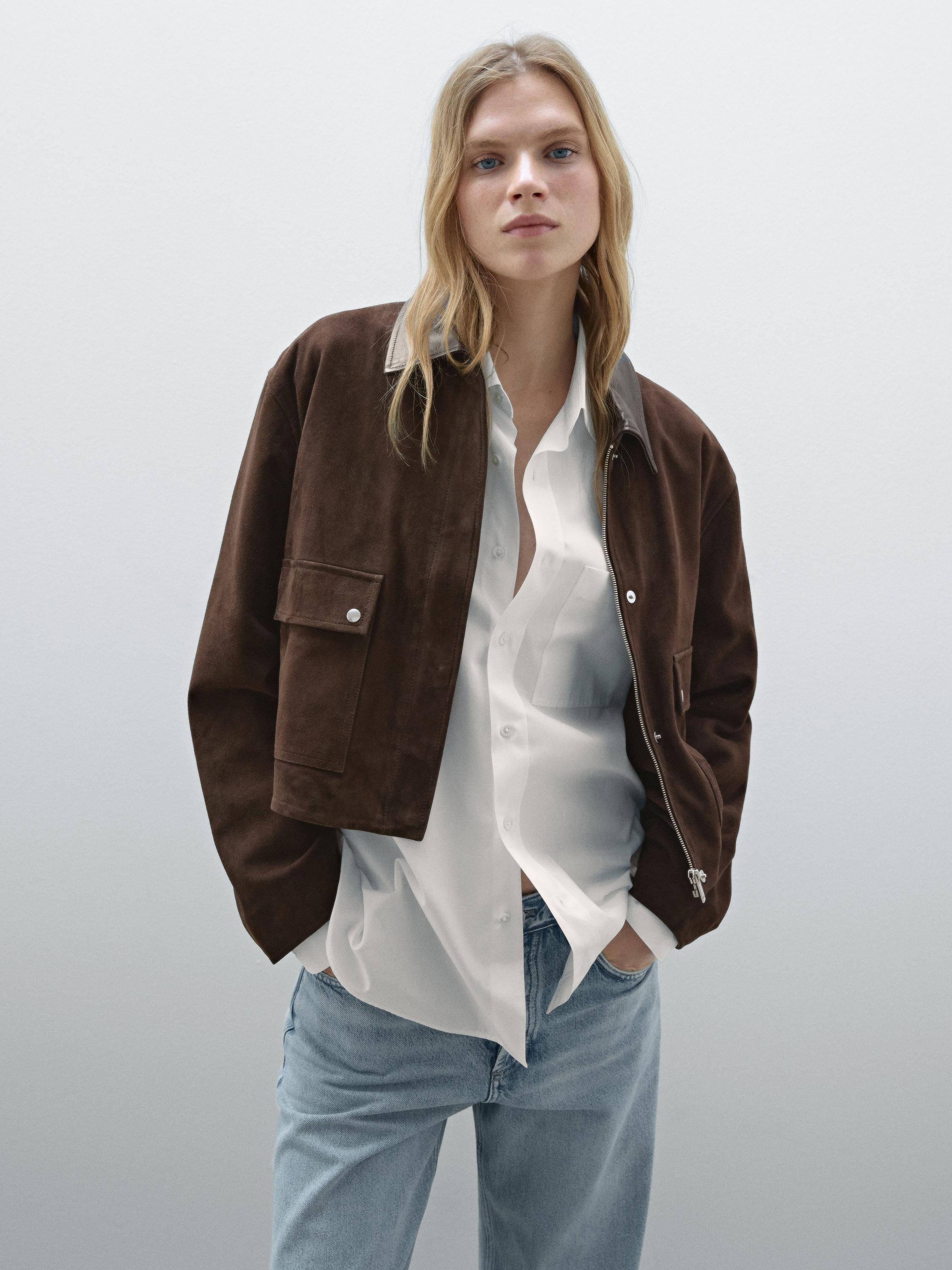 Short suede leather jacket with pockets - Brown | ZARA