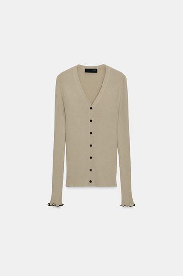 RIB KNIT CARDIGAN WITH CONTRAST TRIMS - Stone by Zara