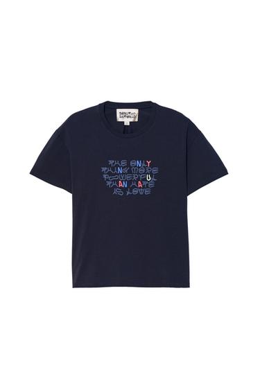 CROPPED FIT 'AMOR' SLOGAN T-SHIRT - Navy blue by Zara