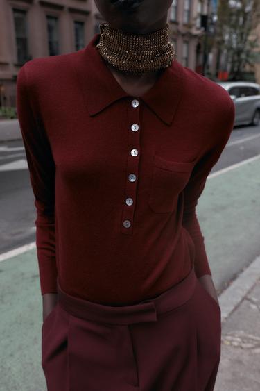 WOOL POLO SHIRT WITH POCKET - Burgundy by Zara