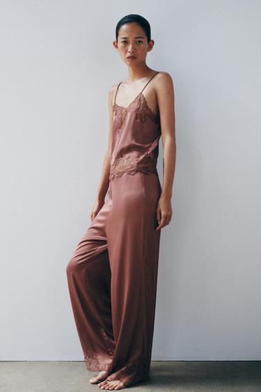 PANTALÓN LENCERO SATINADO ENCAIXE - Rosa empoado de Zara - Imaxe 0