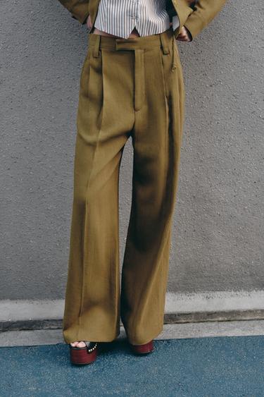 ZW COLLECTION DARTED LINEN BLEND TROUSERS - Olive green by Zara