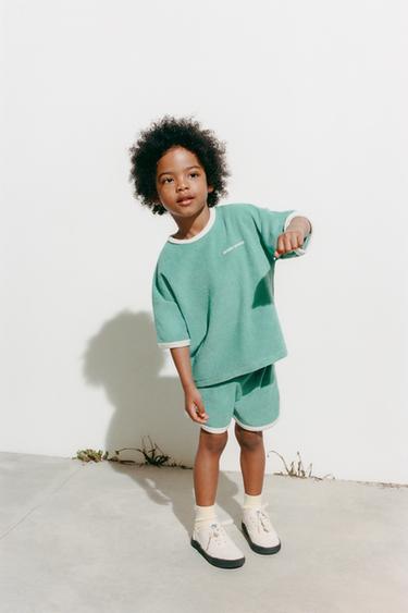 T-SHIRT AND BERMUDA SHORTS SET WITH TOWELLING TRIM - Turquoise by Zara