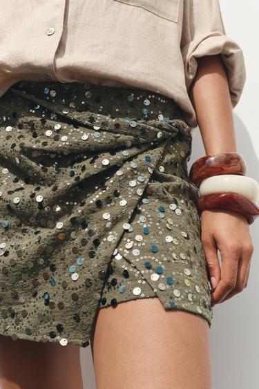KNOTTED SEQUINNED SKORT - Khaki by Zara - Image 3
