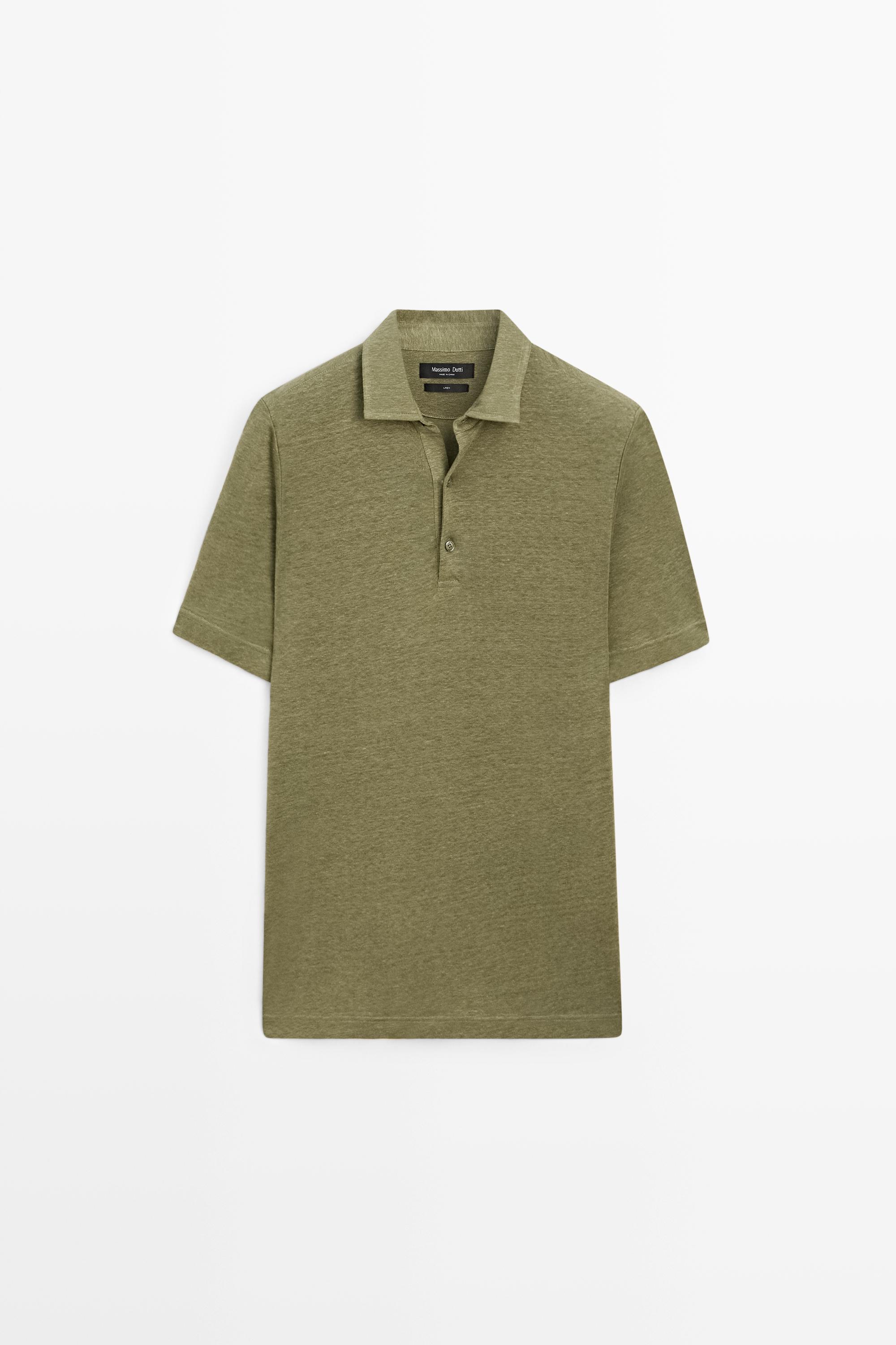 100% linen short sleeve polo shirt — Khaki marl
