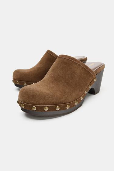 STUDDED SPLIT SUEDE CLOGS - Dark tan by Zara - Image 5