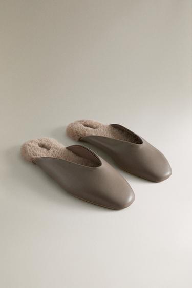WARM LEATHER MULES - Taupe Grey by Zara