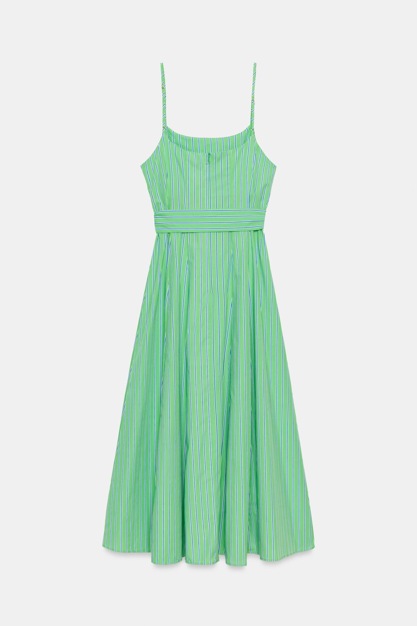 Женское платье Zara Striped Belted MIDI, цвет: Зелёный / Синий — фото 7