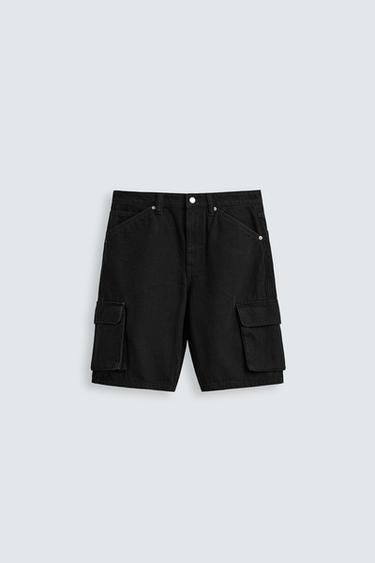 Zara CARGO DENIM SHORTS - Black