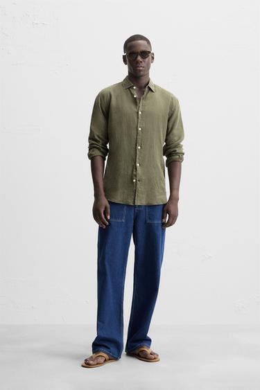 100% LINEN SHIRT - Dark olive by Zara