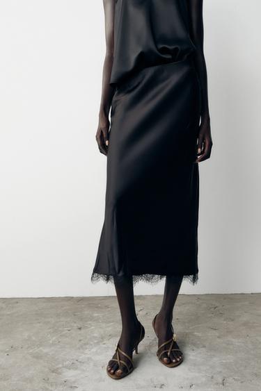 SATIN MIDI LACE SKIRT - Black by Zara - Image 1