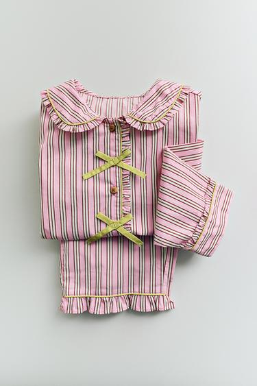 Zara 3-6 歲 / 襯衫蝴蝶結條紋睡衣褲 - 粉紅色