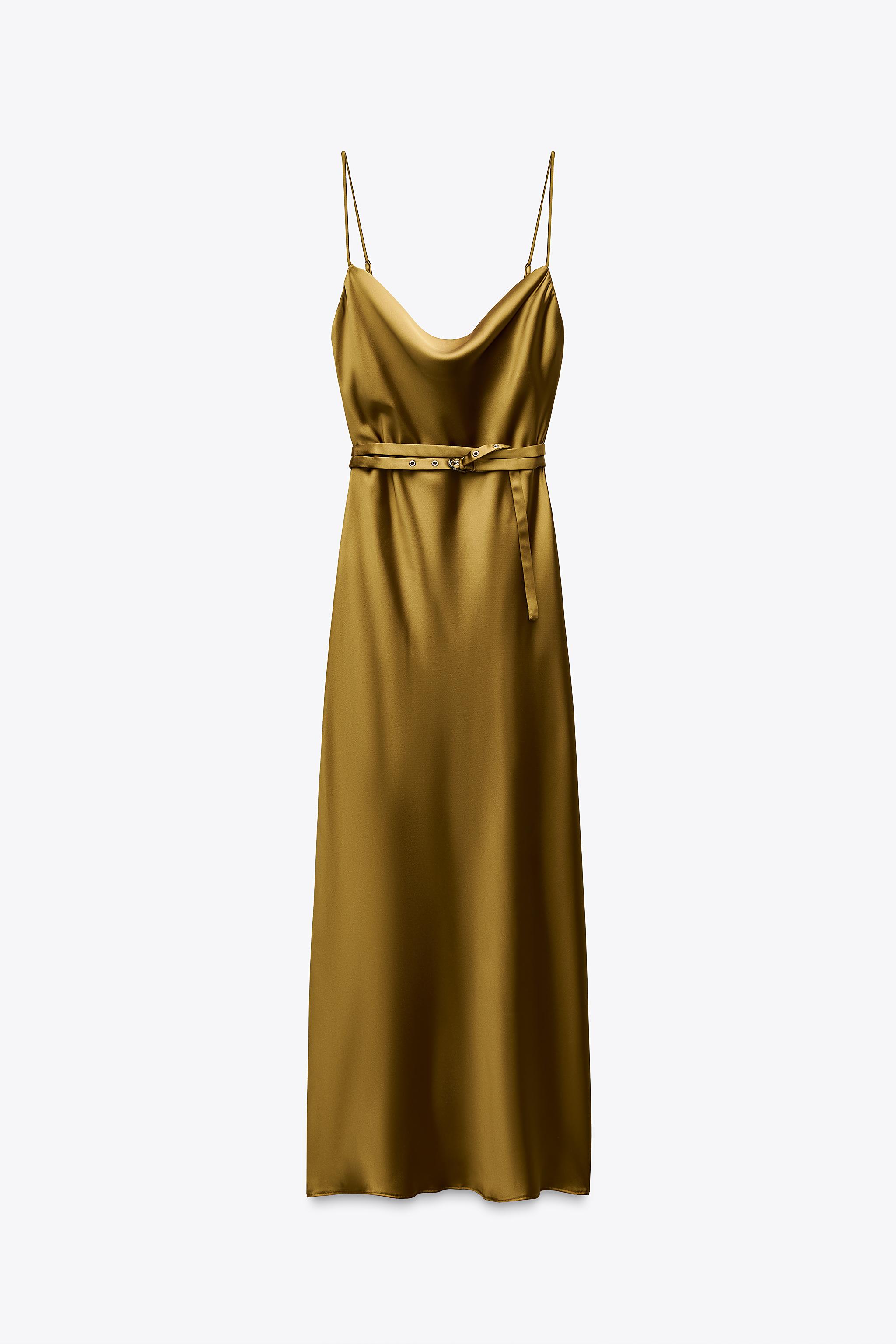 サテン地ベルト付きミディ丈ワンピース - ダークオリーブ | ZARA