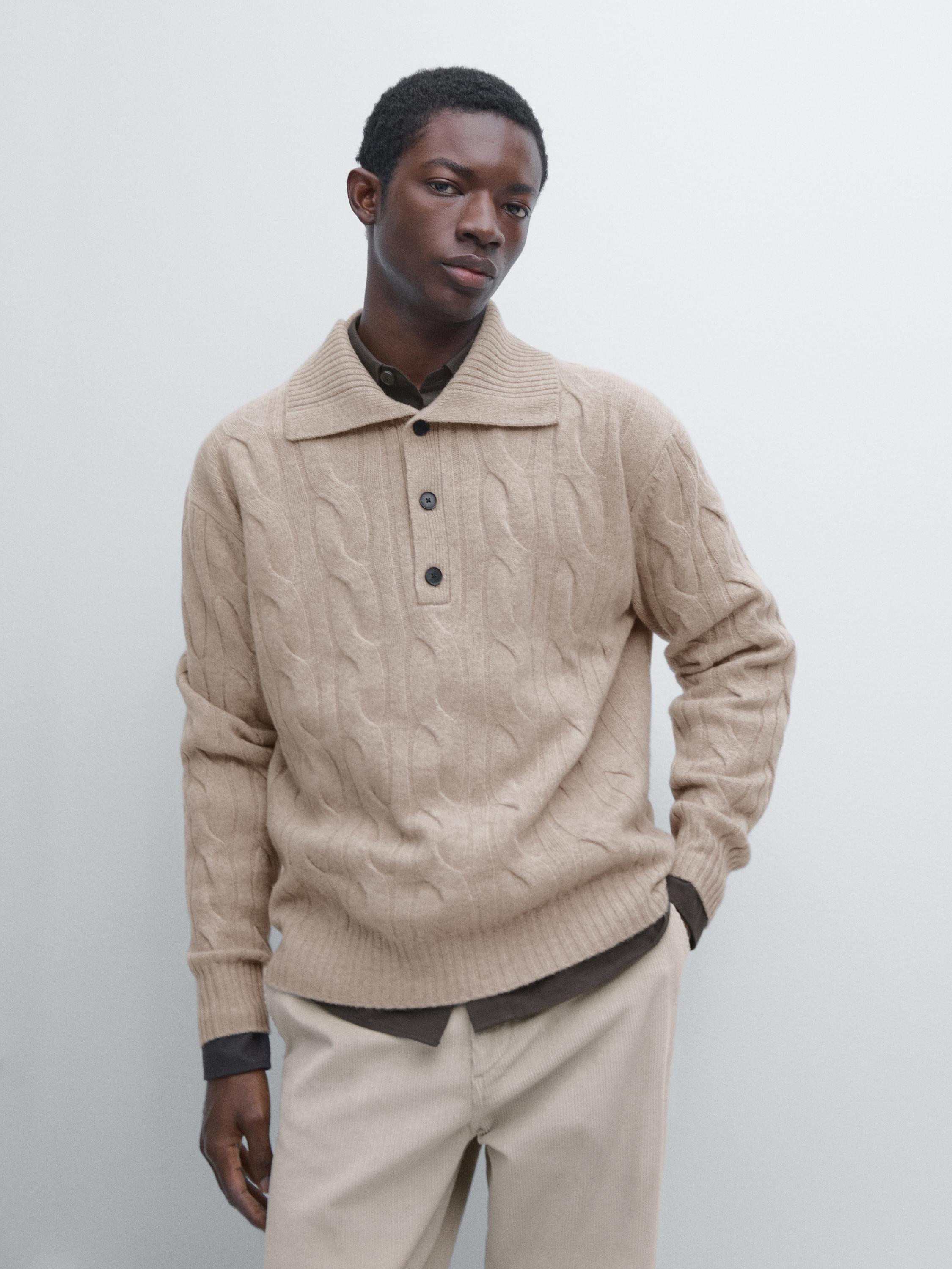 Wool cable-knit polo sweater