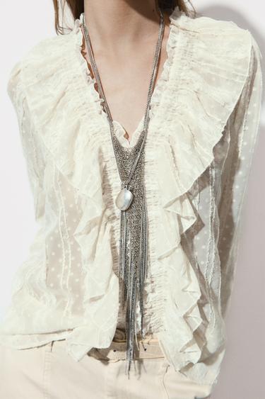 ROMANTIC DOTTED MESH SHIRT - Ecru by Zara