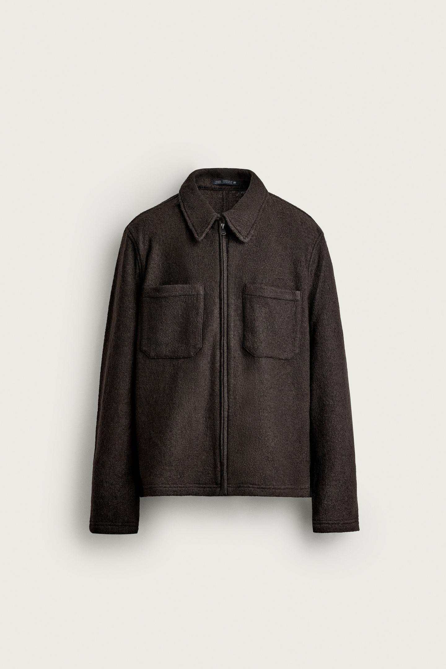 Мужская рубашка Zara Viscose-Wool Blend Textured Overshirt, цвет: Тёмный коричневый — фото 6