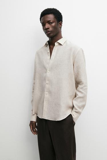 Zara Regular fit washed striped 100% linen shirt - Green