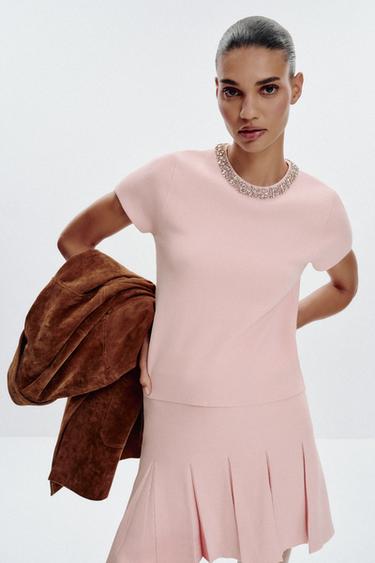 JEWEL KNIT TOP - Pastel pink by Zara