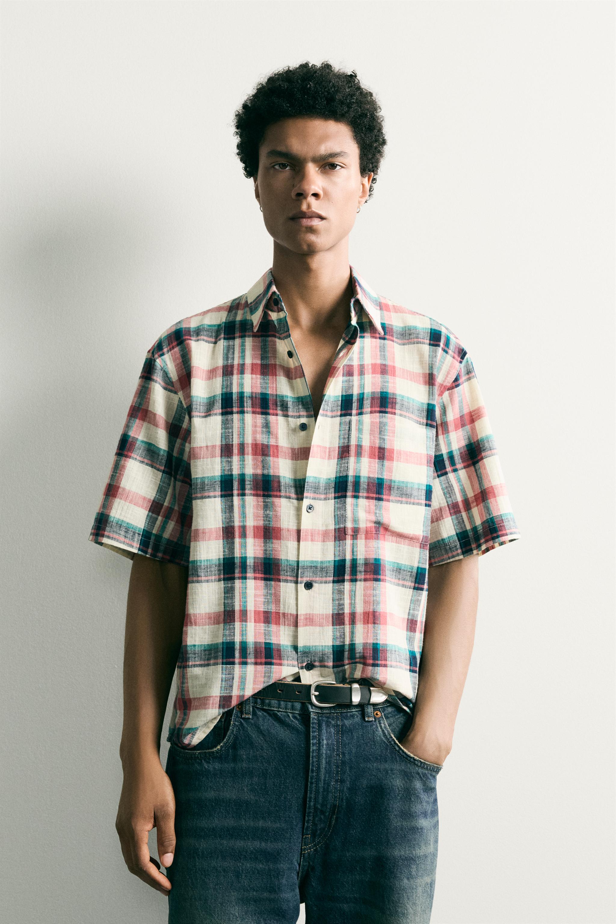 RELAXED FIT TEXTURED PLAID SHIRT — Multicolored