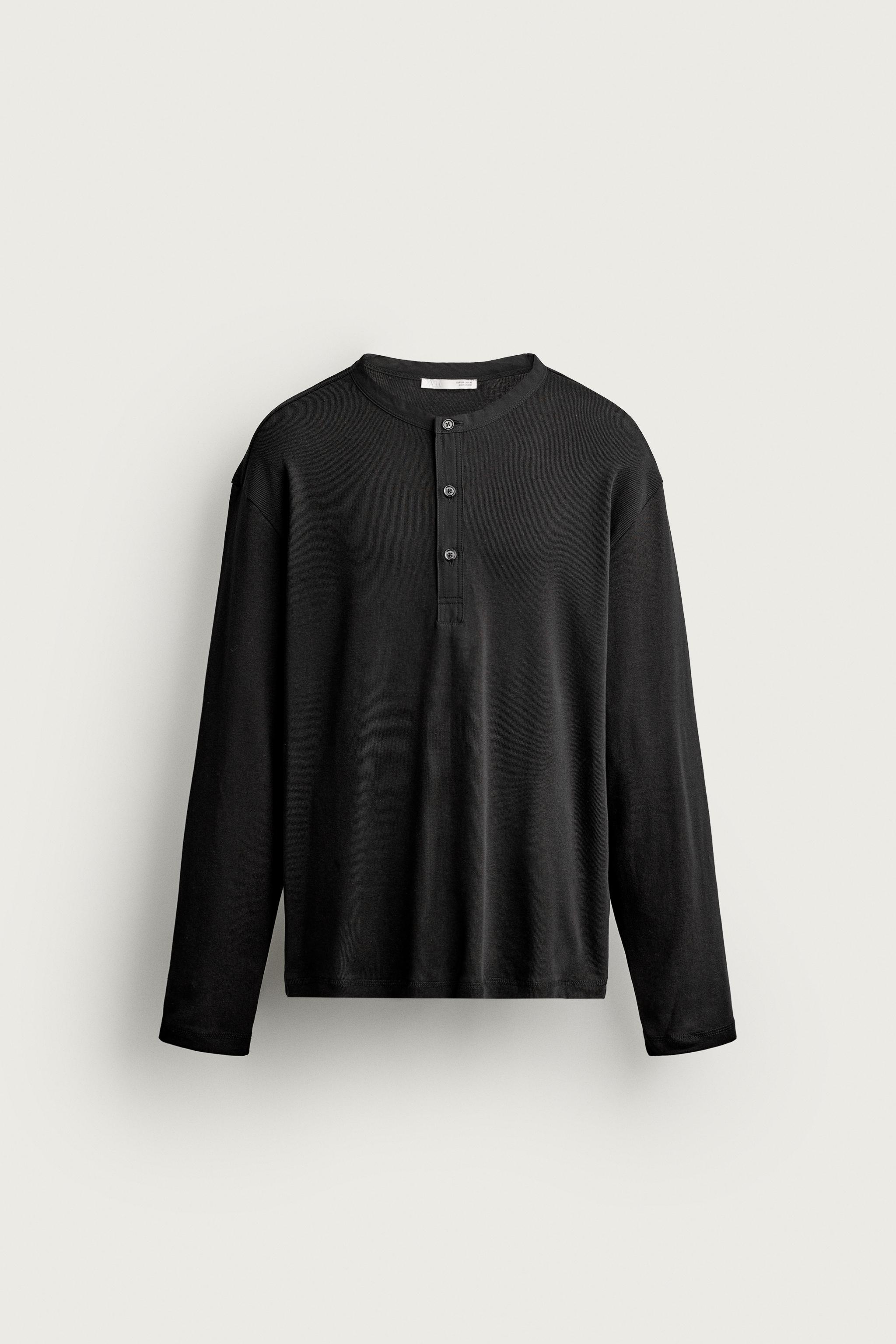 RELAXED FIT HENLEY T-SHIRT — Black