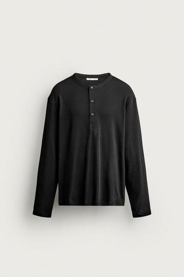 RELAXED FIT HENLEY T-SHIRT - Black by Zara