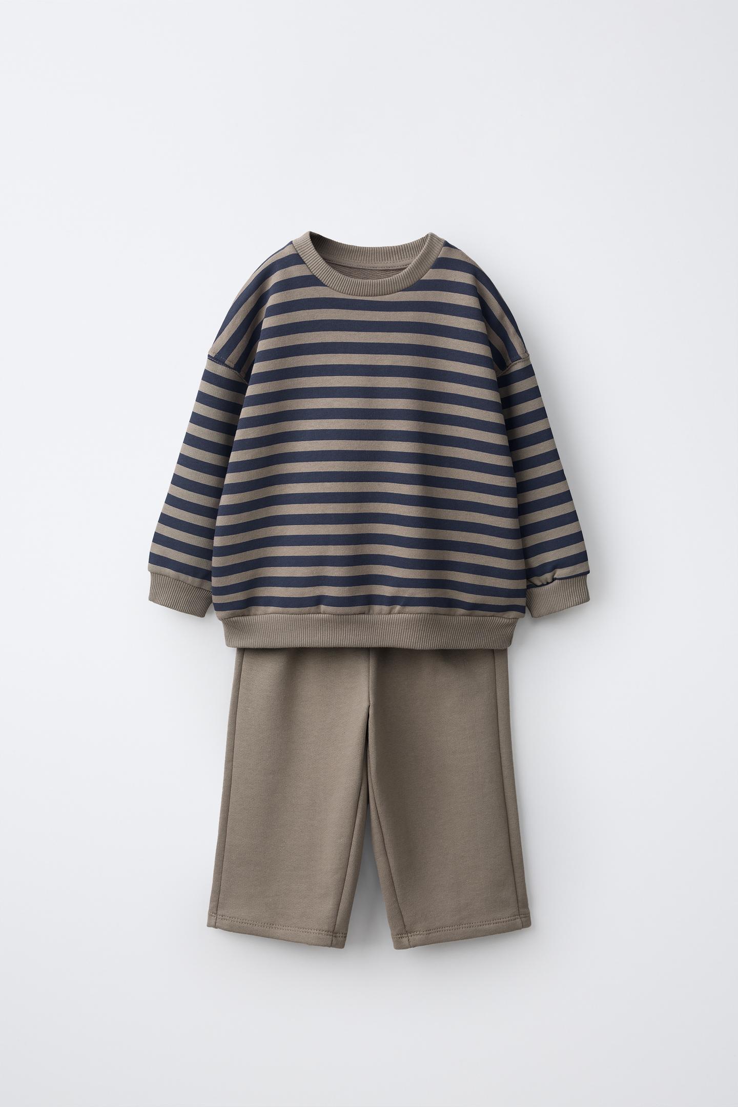 Детские комплекты Zara Striped Sweatshirt and Wide-Leg Pants Jogging Set, цвет: Серый / Синий