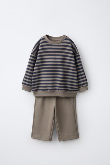 STRIPED SWEATSHIRT AND WIDE-LEG PANTS JOGGING SET — Gray / Blue 1