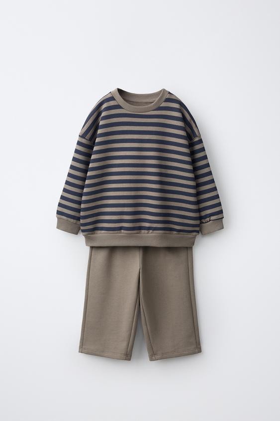 Детские комплекты Zara Striped Sweatshirt and Wide-Leg Pants Jogging Set, цвет: Серый / Синий