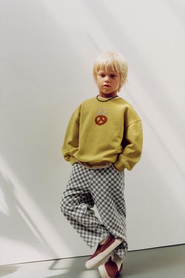 CHECKERBOARD TWILL BAGGY TROUSERS - Ecru / Brown by Zara