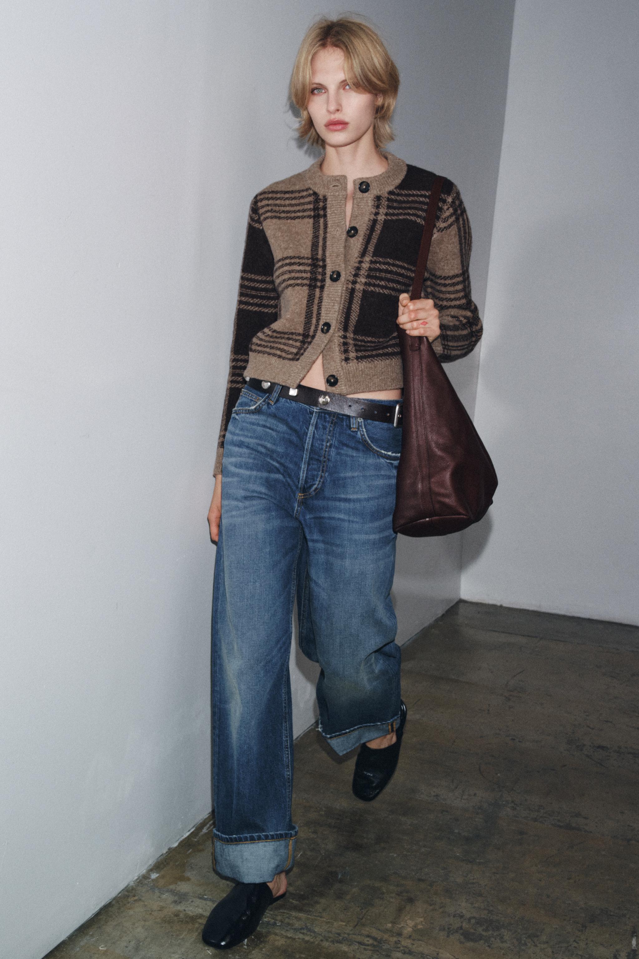 チェック柄ニットカーディガン - ミンクブラウン | ZARA Japan