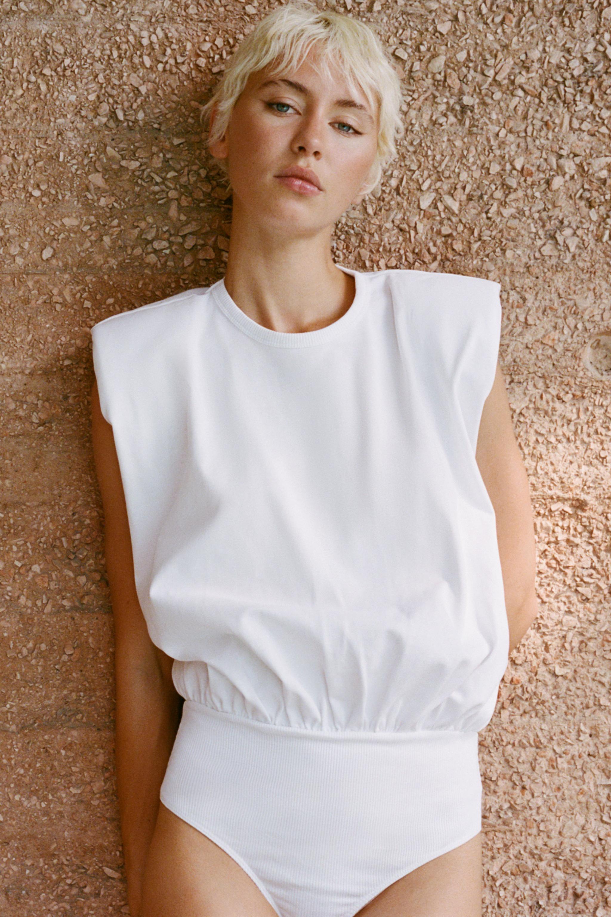 HEAVY COTTON RIB SHOULDER PAD BODYSUIT - White | ZARA United