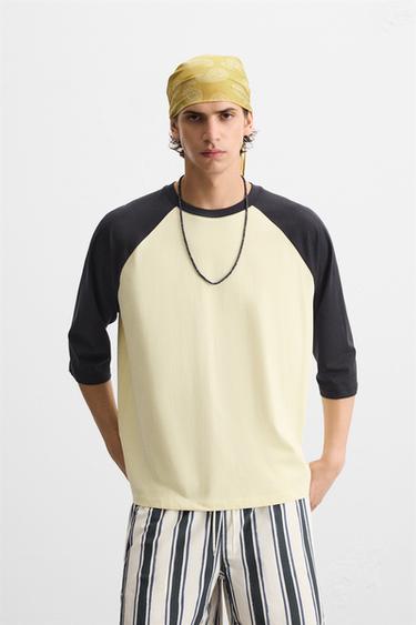 Zara CONTRAST SLEEVE T-SHIRT - Light yellow