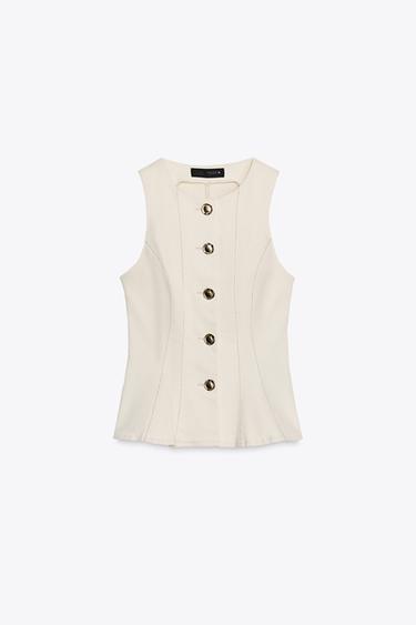 Zara STITCHED PEPLUM VEST - Ecru
