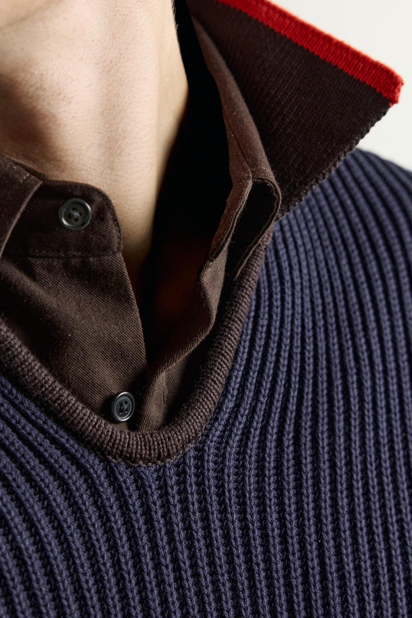 Мужское поло Zara Contrast Collar Knit Polo, цвет: Тёмно-синий — фото 6