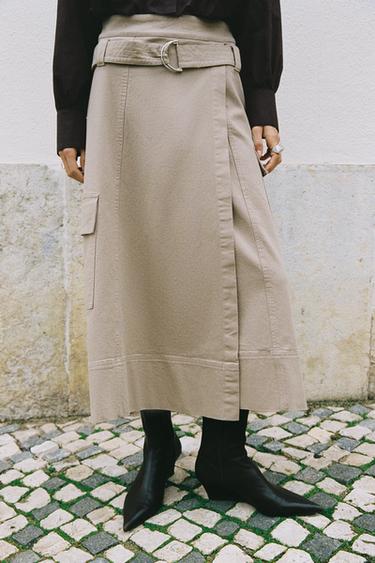 BELTED CARGO MIDI SKIRT - Sand by Zara