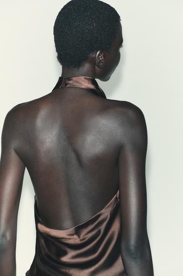 Zara SATIN EFFECT HALTER TOP - Brown
