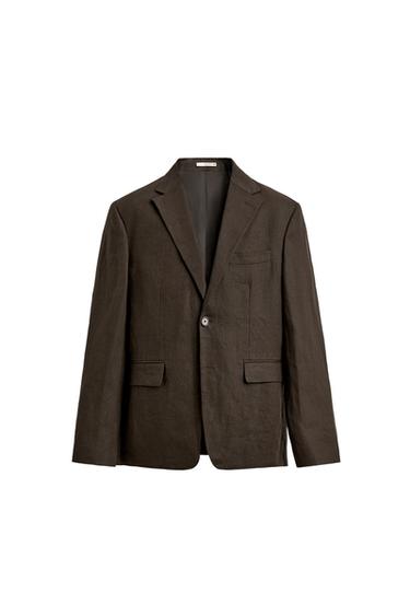 Zara 100% LINEN SUIT JACKET - Dark brown