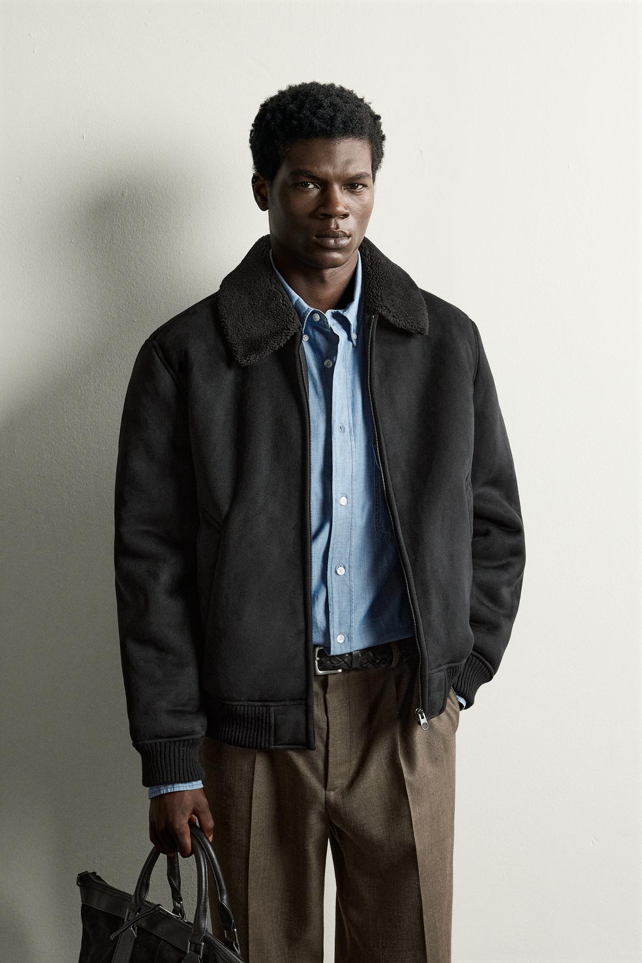 FAUX LEATHER AND FAUX SHEARLING JACKET — Black